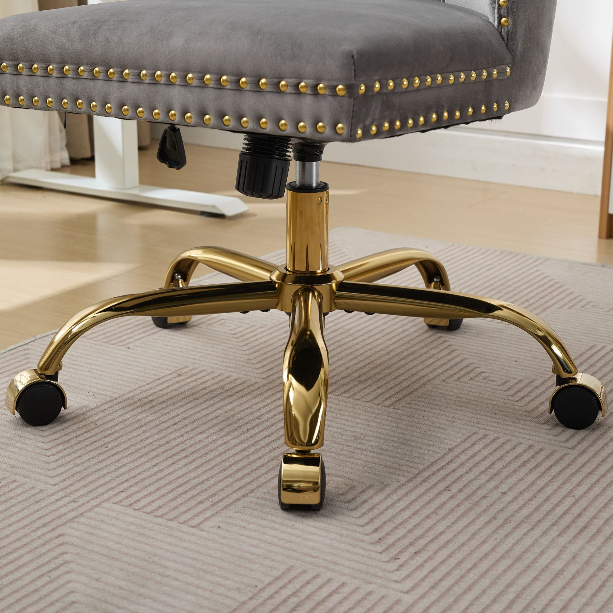 SESSLIFE Swivel Vanity Chair, Modern Office Chair with Wheels, Golden Metal Base, Velvet Upholstered Tufted Button Home Office Chair with Adjustable Height, Ergonomic Home Desk Chair, Grey