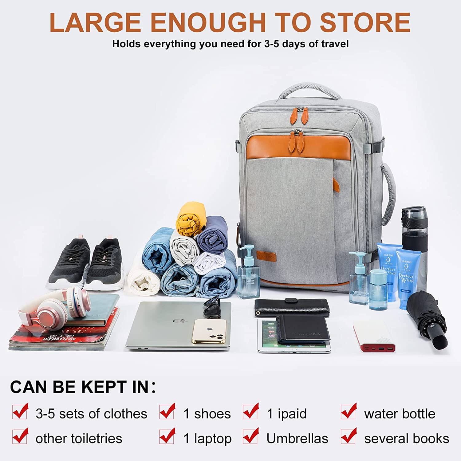LOVEVOOK College School Backpack Men Women, 40L Expandable Carry On Luggage Set Airline Approved, Large Waterproof Suitcase Weekender Overnight Bag-Grey