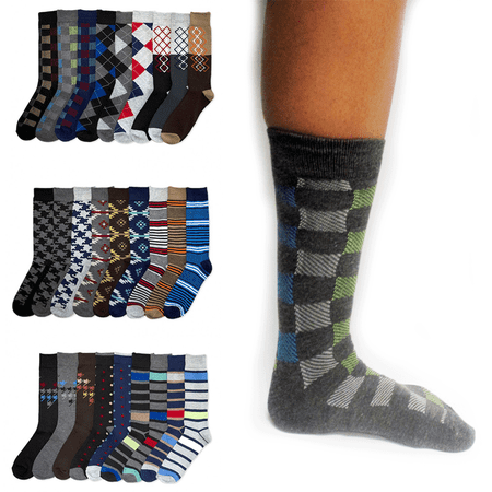 Asst Fashions - 4 Pairs Mens Dress Socks Men Fashion Print Crew Design Argyle Stripe 10-13 Asst