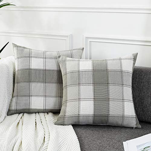 AmHoo Pack of 2 Farmhouse Stripe Check Throw Pillow Covers Set Case Cotton Linen Decorative Pillowcases Cushion Cover for Couch Bench Sofa 18x18Inch Light Grey Beige