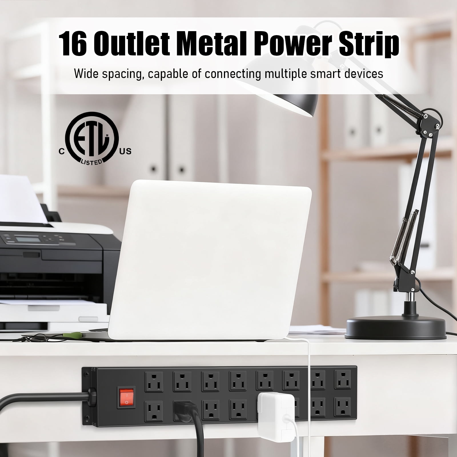 VILONG Heavy-duty 16-outlet surge-protected power strip, 1200J/1875W, wall-mounted power strip with a 6-foot power cord, suitable for garage workbenches, office desks, gaming PCs, and computers
