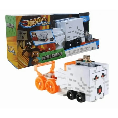 Hot Wheels Toy Car Track Set, RacerVerse Minecraft Ghast Large-Scale Launcher and Hauler with & Die-Cast Steve Vehicle