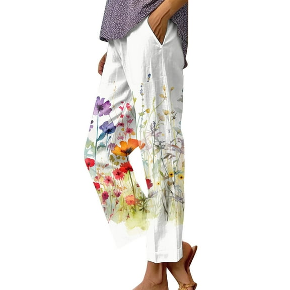VNKIDY Womens Watercolor Floral Print High Waist Wide Leg Pants Side Pocket Loose Fit Lightweight Casual Trousers For Summer Daily Wear White XL