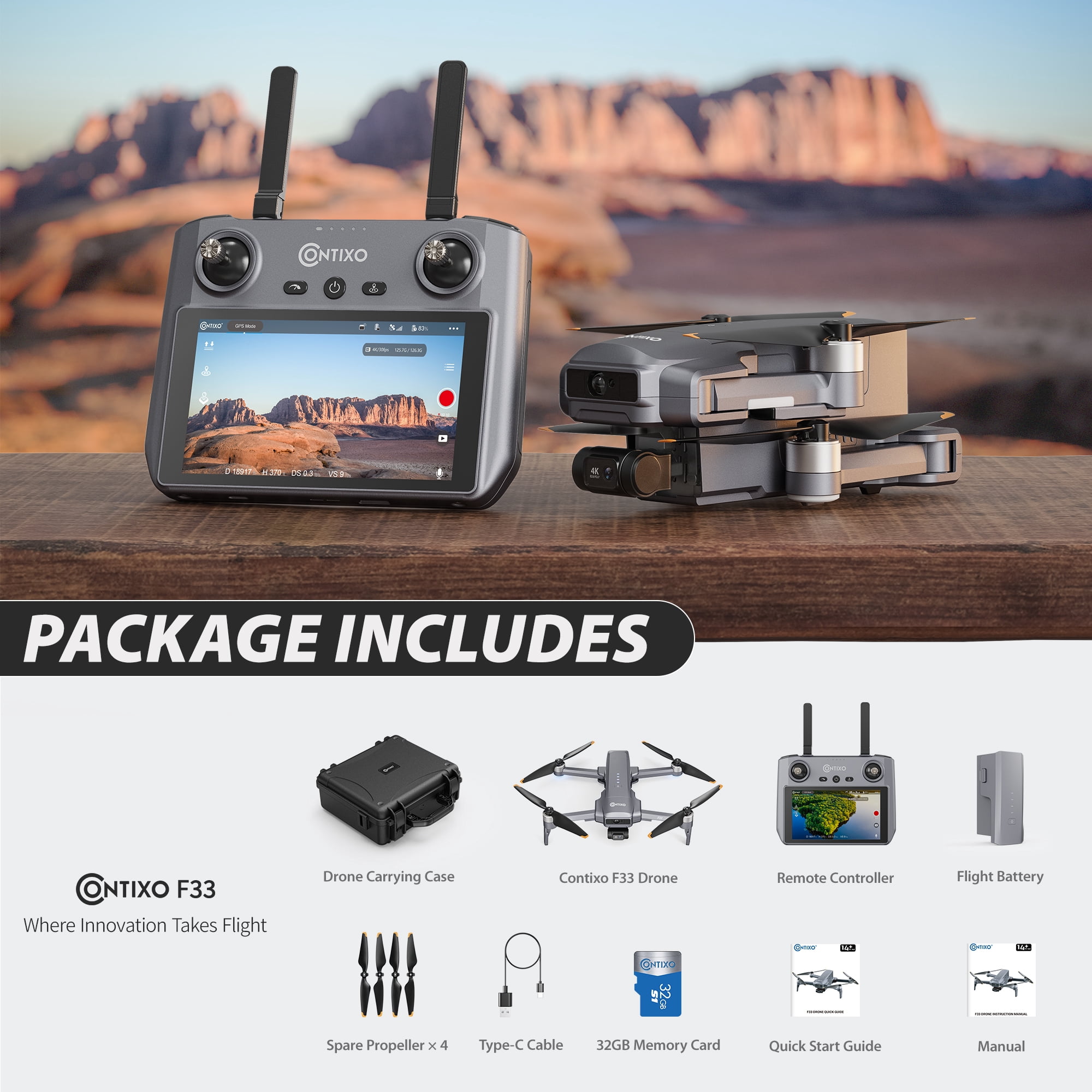 Contixo F33 Vortex 4K Drones for Adults with Camera, 2-Axis Gimbal GPS Drones for Adults with Remote and Case, Gray