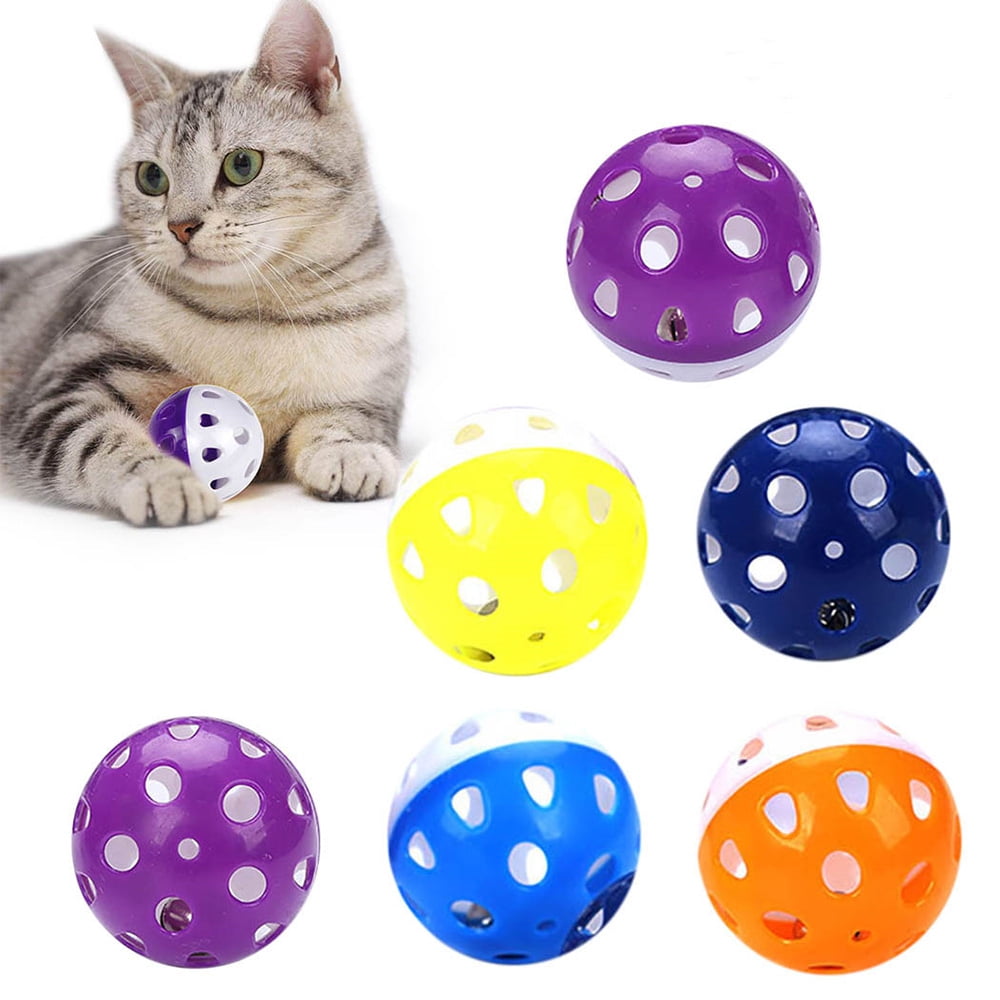 4x Cat Dog Rolling Toy Plastic+Plush Ball W/ Bell Cat Pounce Chase Rattle Toys 