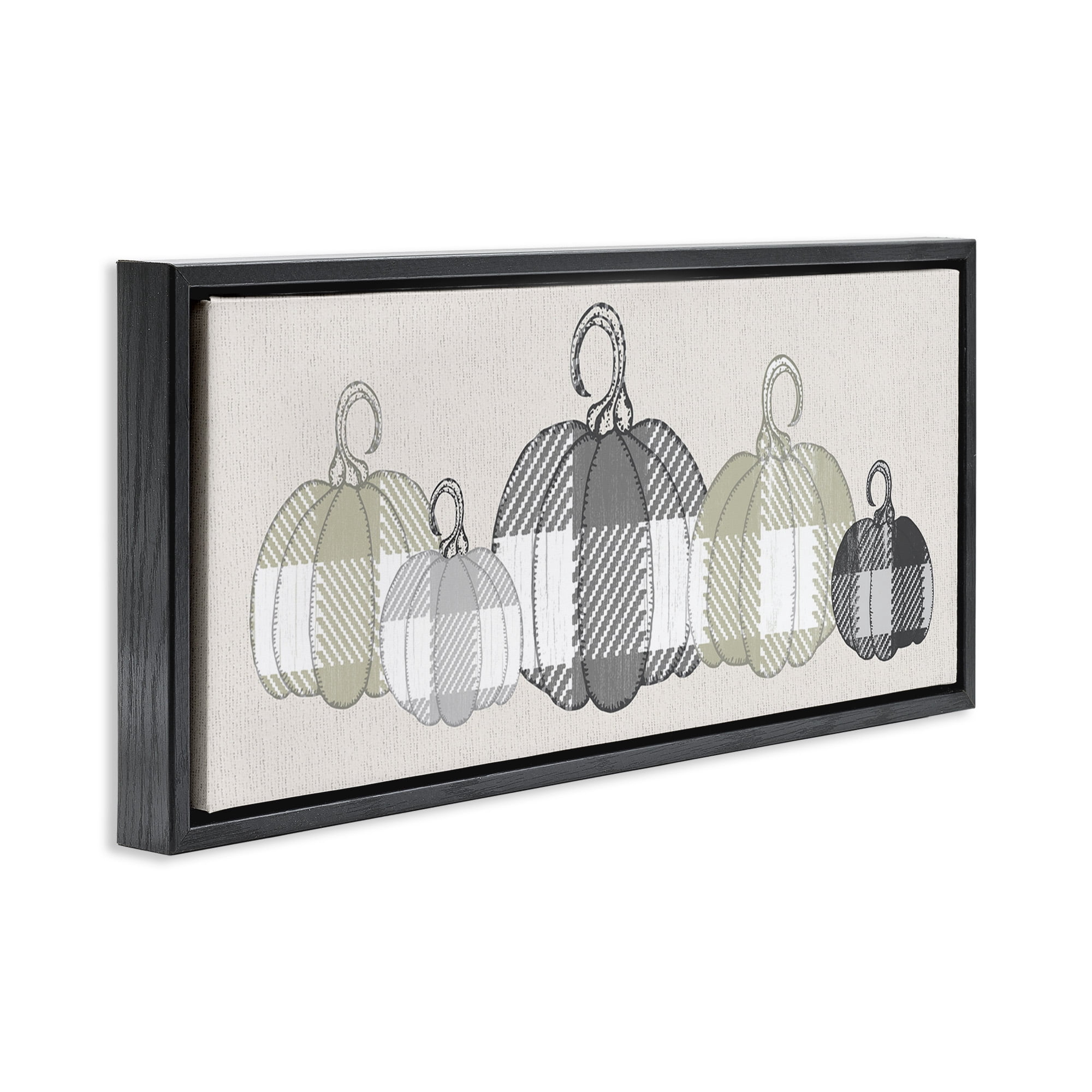 Stupell Industries Checker Plaid Patterned Pumpkins Landscape Painting Black Floater Framed Canvas Art Print Wall Art, 31 x 14