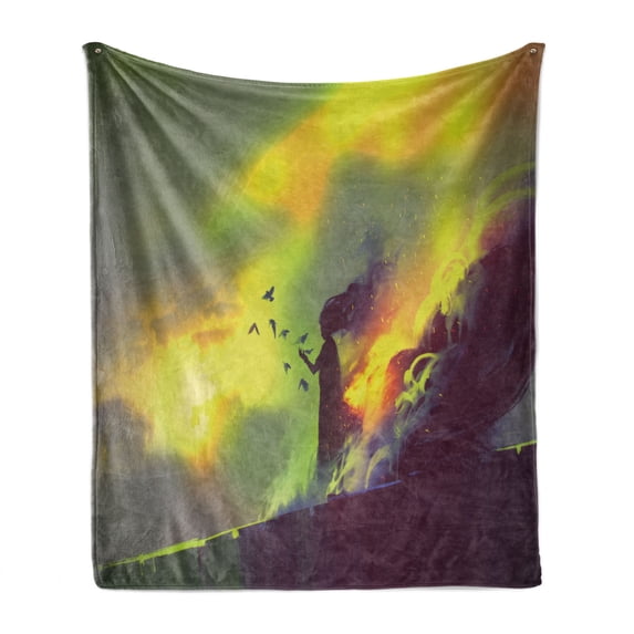 Fantasy Soft Flannel Fleece Throw Blanket, Fiery Burnt Girl Magic on Roof of House Night Mystic Fantasy Illustration, Cozy Plush for Indoor and Outdoor Use, 50" x 60", Yellow and Green, by Ambesonne