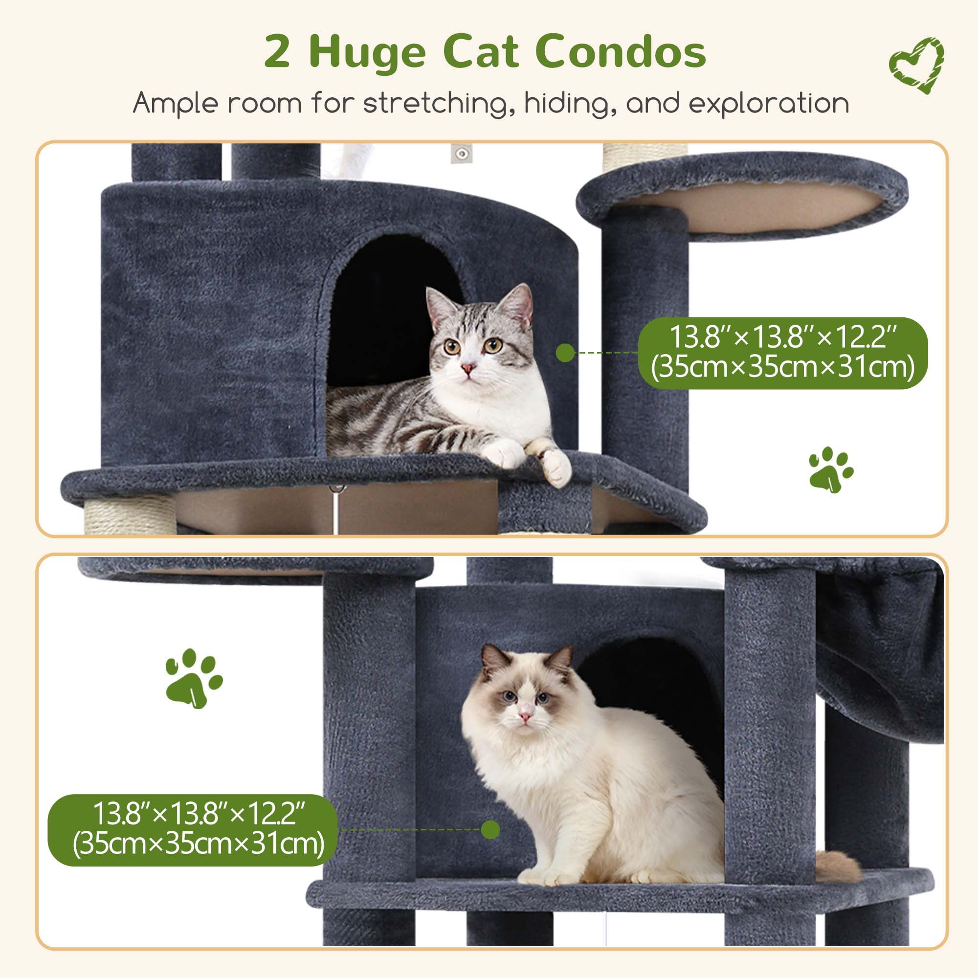 Globlazer 68" XL Corner Large Cat Tree Tower Condo with 6 Sisal Scratching Posts, 2 Condos, Hammock & Hanging Basket, Dark Gray