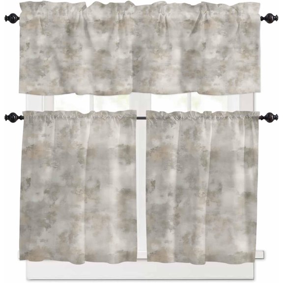 Beige Ombre Kitchen Curtains and Valances Set, Rod Pocket Curtains Tier Farmhouse Window Curtains 24 Inch Length, Modern Retro Oil Painting Abstract Rustic 3 Piece Kitchen Curtains Set