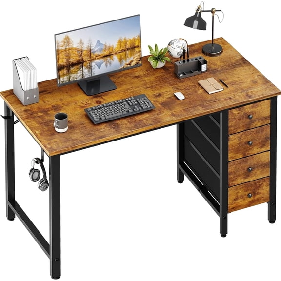 Lufeiya 47 inch Computer Desk with 4 Fabric Drawers, Reversible Writing Work Study Desk for Home Office Bedroom, Modern Simple Student PC Desks, Rustic Brown