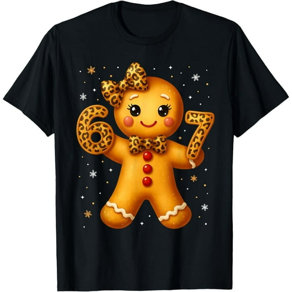 Christmas Funny Gingerbread Six Seven 67 Leopard Bow Girl T-Shirt