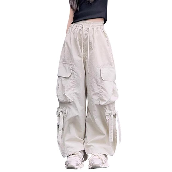 CPNG Girls Trendy Bow Cargo Pants Solid Color Jogger Straight Wide Leg Elastic High Waist Loose Drawstring Cargo Sweatpants with Multi-Pockets