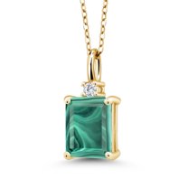 Gem Stone King 18K Yellow Gold Plated Silver Green Malachite and White Lab Grown Diamond Pendant Necklace for Women | 3.54 Cttw | Gemstone Birthstone | Emerald Cut 9X7MM | With 18 inch Silver Chain