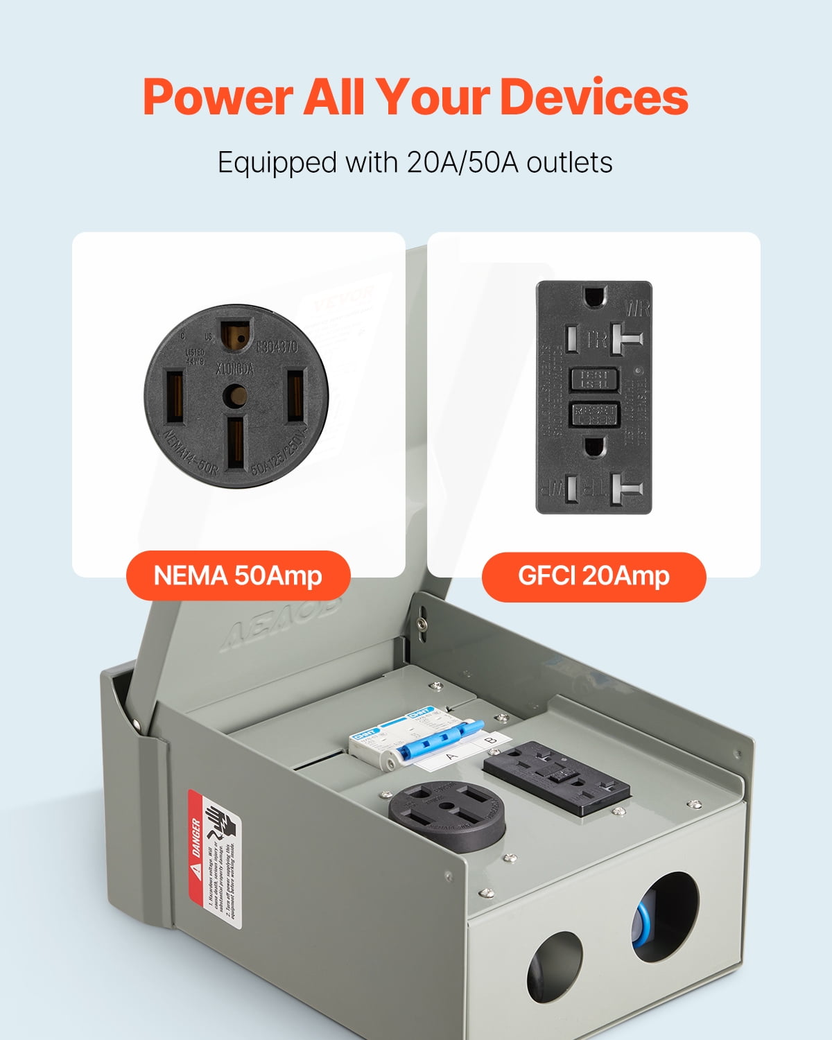 VEVOR Temporary Power Outlet Panel, 20 50 Amp, RV EV Electrical Outlet Panel with NEMA 50 Amp GFCI 20 Amp Receptacle Installed, Pre-Wired IP54 Weatherproof Box, for RV Camper Car Travel Motorhome