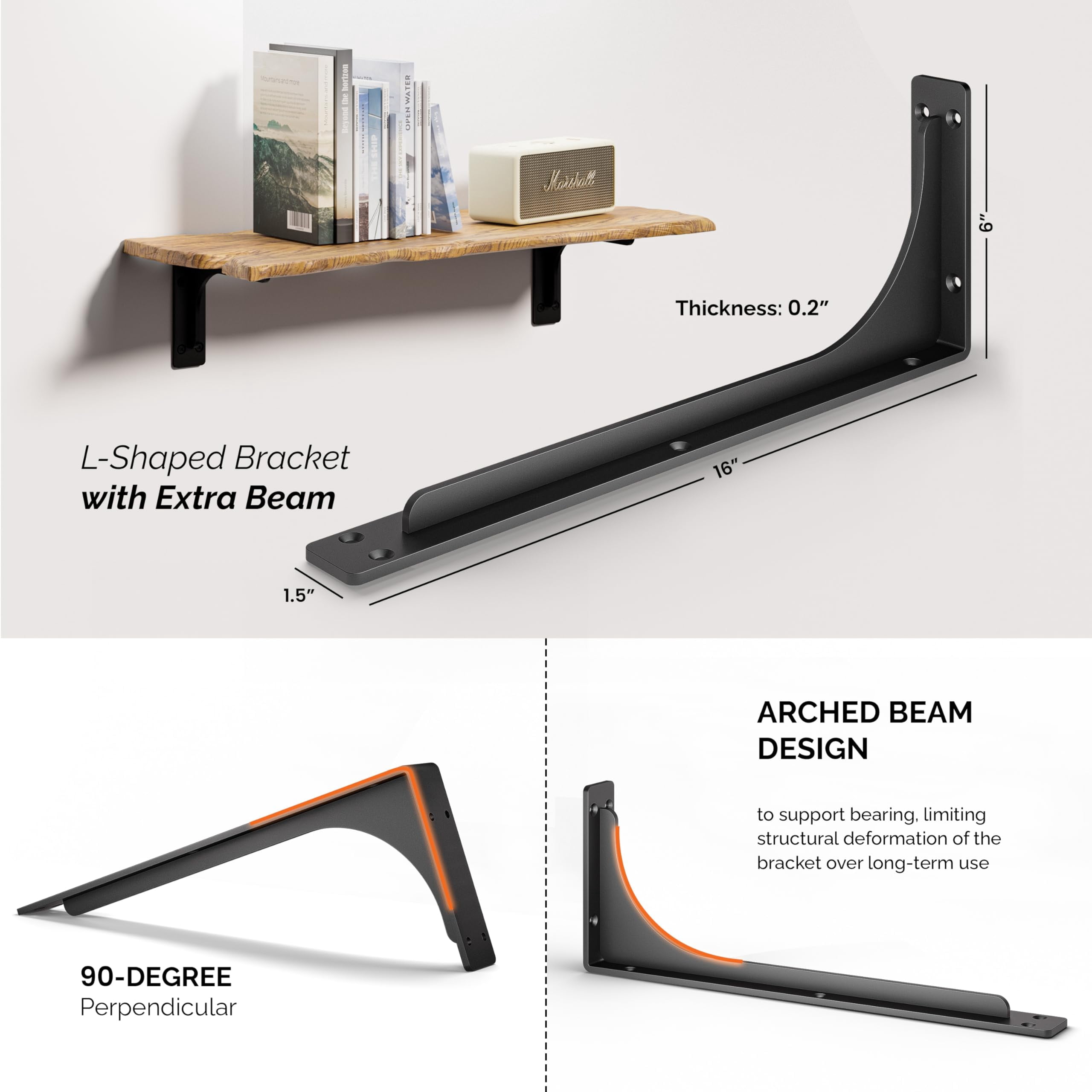 16" Shelf Brackets With Beam (4pcs) - L Black Hook For Floating Shelves Wall Mounted Support Diy Open Shelving Mounting Hardware Included (pack 4) (4  16 Inch)