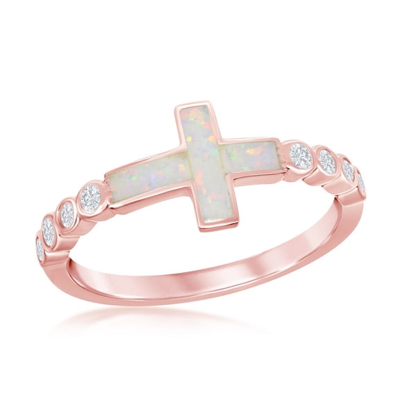 Rose Gold Plated Sterling Silver White Inlay Opal Sideways Cross Half CZ Ring Size 7