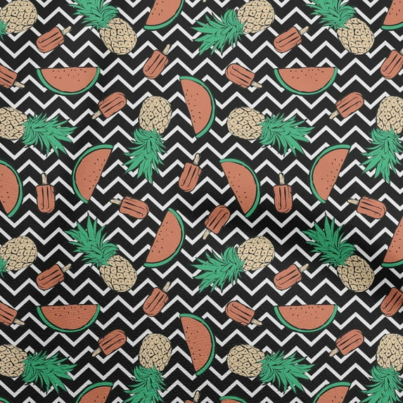 oneOone Silk Tabby Black Fabric Tropical Fruits With Chevron Sewing Material Print Fabric By The Yard 42 Inch Wide