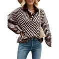 thumbnail image 2 of Arvbitana Women Stripe Knit Sweater Turn-Down Collar Buttons Pullovers Long Sleeve Loose Jumpers Fall Casual Streetwear Tops, 2 of 7