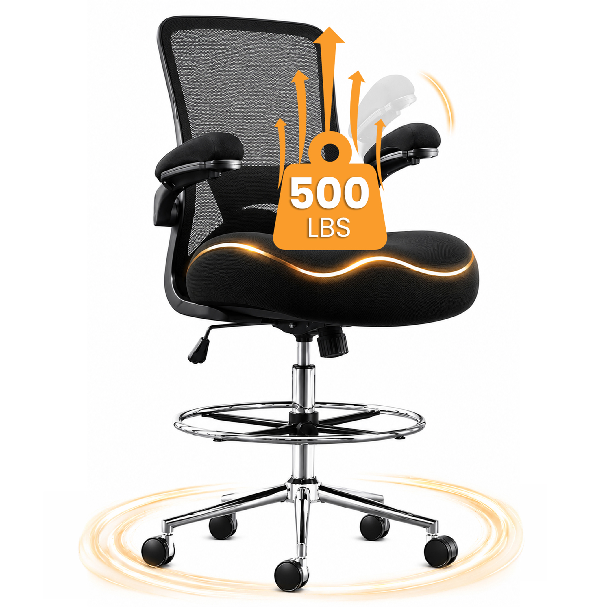 JONPONY 500 lbs big and tall office chair with W-Shape Thicken Cushion, ergonomic office chairs with Flip-up Armrests, Breathable Mesh Extended Desk chairs for adults, computer chair Black