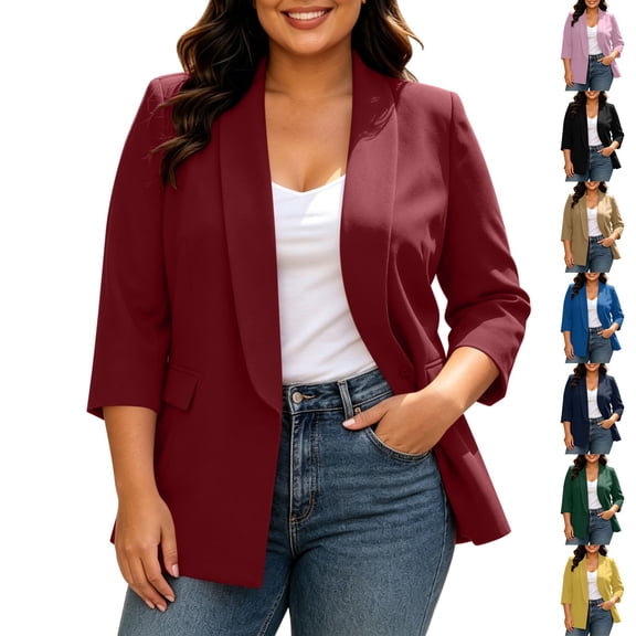 YSUEJPF Plus Size Blazers for Women 3/4 Sleeve Open Front Jacket Lapel Cardigan Casual Suit with Pockets