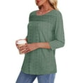 thumbnail image 5 of Olyvenn Womens Tops 3/4 Sleeve Blouses Dressy Casual Fall Sold Color Outfits Front Pleated Tee Eyelets Curved Hem Tunic Tops Army Green M, 5 of 9