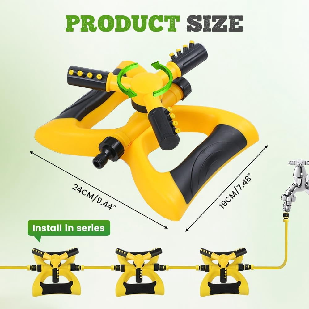 Rotating Lawn Sprinkler, Adjustable Arms, Weighted Base, Yellow