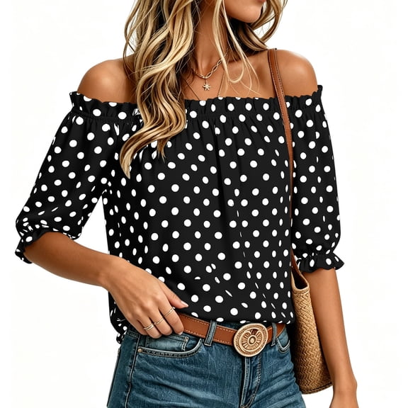 Yrmaups Polka Dot Off Shoulder Blouse for Women Plus Size, Ruffle Sleeve Flowy Pullover Top, Lightweight Summer Beach Vacation Daily Wear, Black L