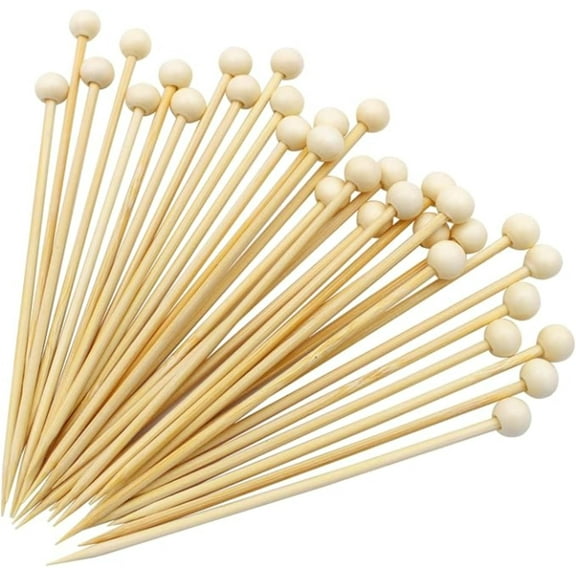 EcoQuality 3.5 inch Bamboo Picks With Decorative Wooden Ball End Skewers for Parties Appetizers Cocktails BBQ Garnish Charcuterie Catering Accessories (100)