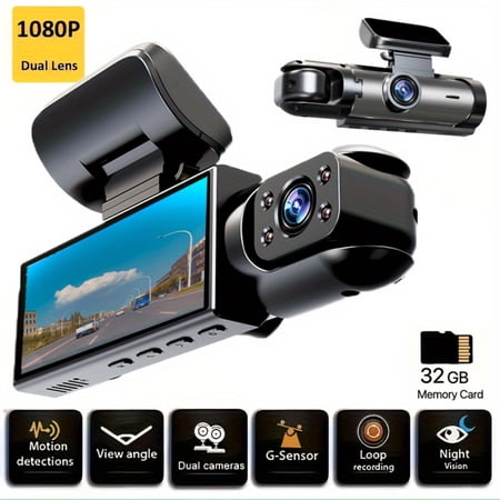1080P Dual Camera Dash Cam For Cars With IR Night Vision, Loop Recording, Wide Angle DVR Camera With 3.16 Inch IPS Screen, Dual Lens Dash Camera For Cars