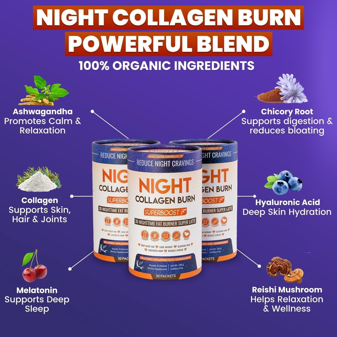 Night Collagen Burn - Weight Loss & Belly Fat Burner & Sleep Aid for Women & Men | Sleep Support for Bloating & Metabolism, Appetite Suppressant | Supports Skin, Hair, Nails & Joints | 30 Servings