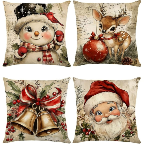 Christmas Pillow Covers 18x18 Set of 4 Farmhouse Xmas Decorations Snowman Wreath Santa Claus Tree Holly Jolly Winter Holiday Decor Throw Cushion Case for Home Couch