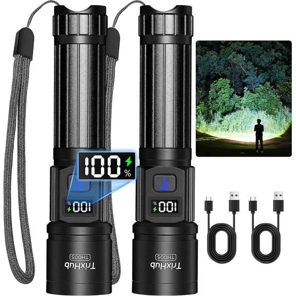 Recharable Flashlights 2 Pack, Super Bright High Lumens Flash Light, 5 Modes Zoomable Linternas with LCD Digital Display, Powerful Handheld LED for Home Emerncies Camping