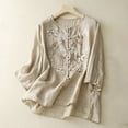 thumbnail image 2 of LMKIHUSA Women's Cotton Linen Embroidered Blouse Vintage Button 3/4 Sleeve Crew Neck Tops Peasant Boho Lightweight Shirts Tunic,Beige L, 2 of 6