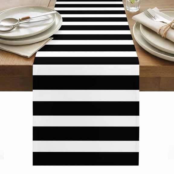 Black Striped Table Runner - 90 Inch Long, Kitchen Dining Table Runner Dresser Scarves, Modern Simple Monochrome Geometric White Farmhouse Decor for Coffee Tables Wedding Party Banquet