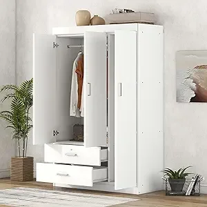 3 Doors Wardrobe Cabinet Closet with Mirror, Storage Drawers, Shelves and Hanging Rail for Clothes, Bedroom Organizer