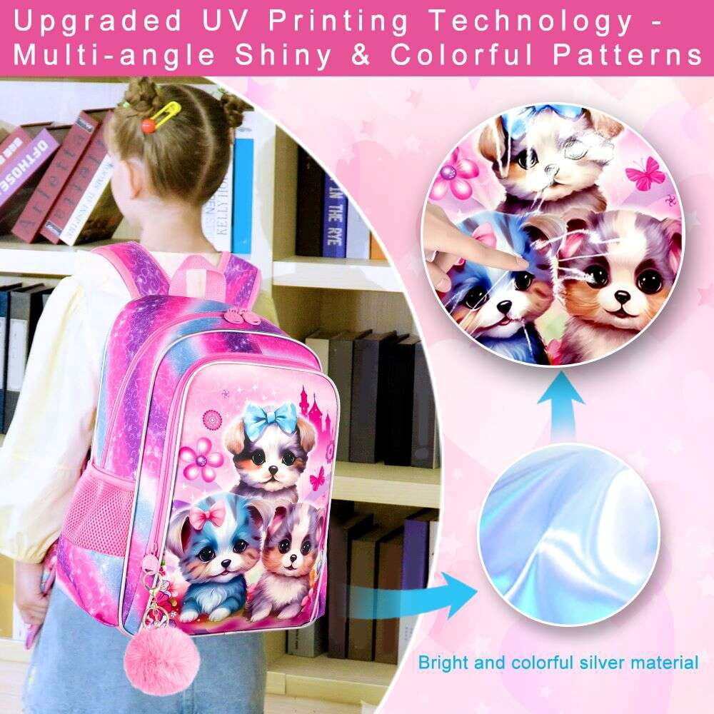 AGSDON 3PCS Backpacks for Girls, 16" Elementary Kids Cute Dog Backpack Preschool School Bookbags and Lunch Box