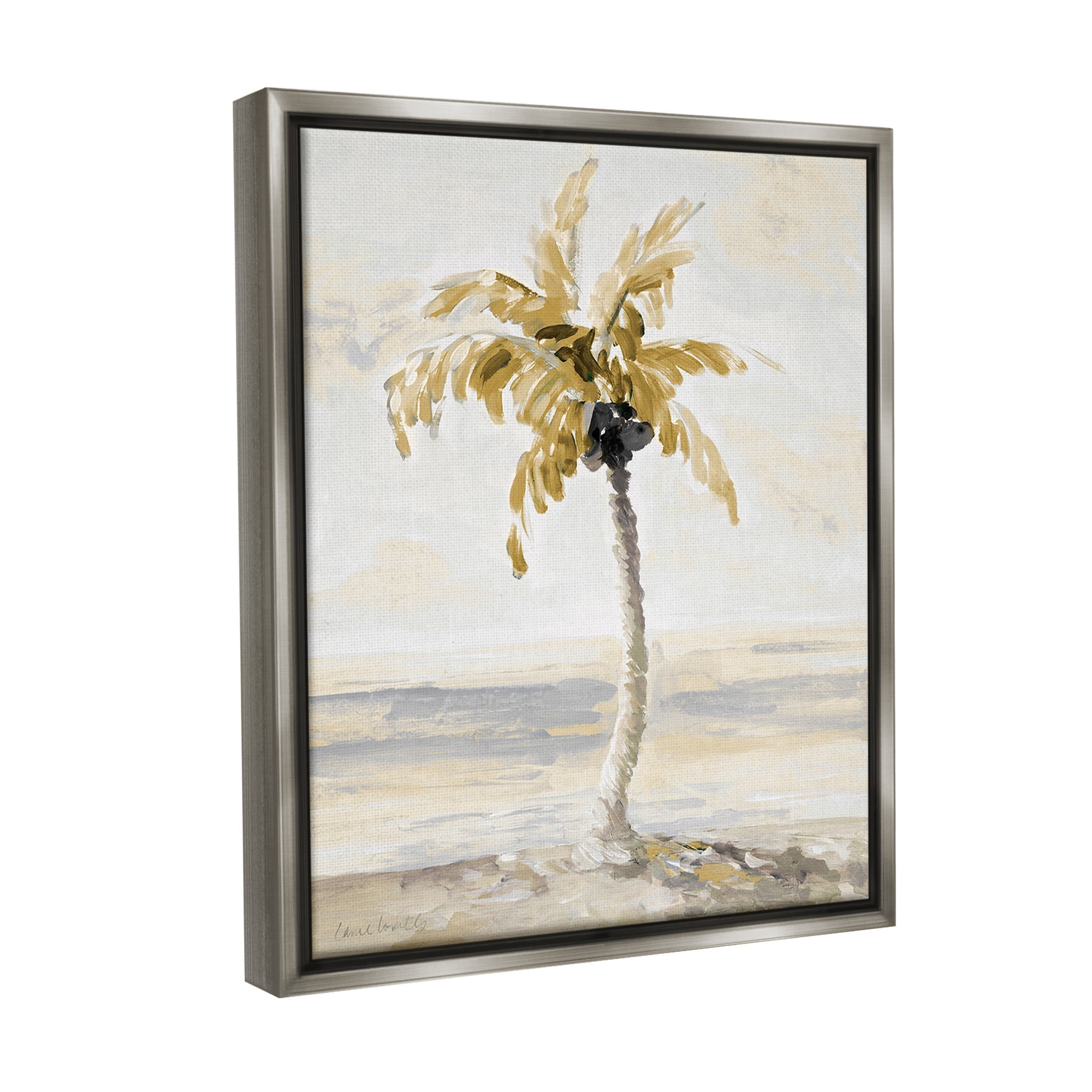 Stupell Industries Neutral Lone Palm Tree Landscape Painting Gray Floater Framed Canvas Art Print Wall Art, 25 x 31
