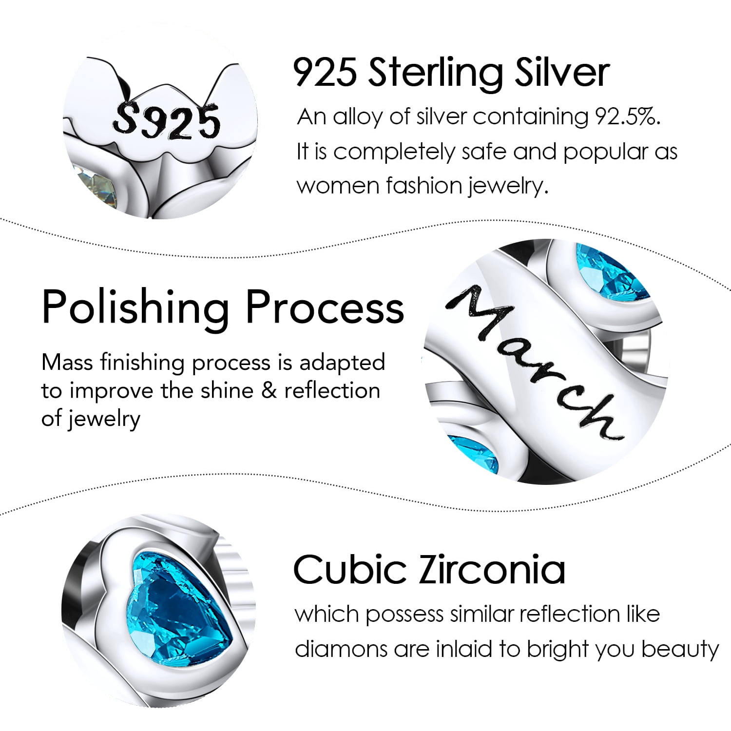 Erizteya 925 Sterling Silver Charm for Bracelets March Birthstone Birthday Mothers Day Jewelry Gifts Women Bracelet Charms