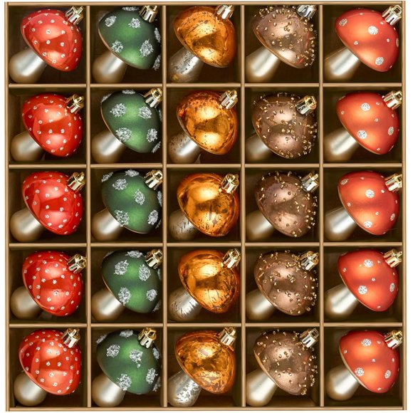 JORNOY Fall Ornaments for Tree, Shatterproof Plastic Harvest Decorations with Hanging String, Rustic Balls Baubles Bulk for Thanksgiving Home Decor, 25 Pack, Mushroom