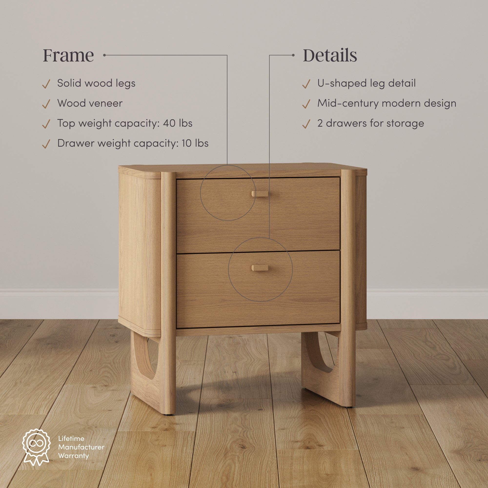 Nathan James Solace Mid Century Modern 2 Drawer Nightstand with Solid Wood Frame and Rounded Details, Raw Oak