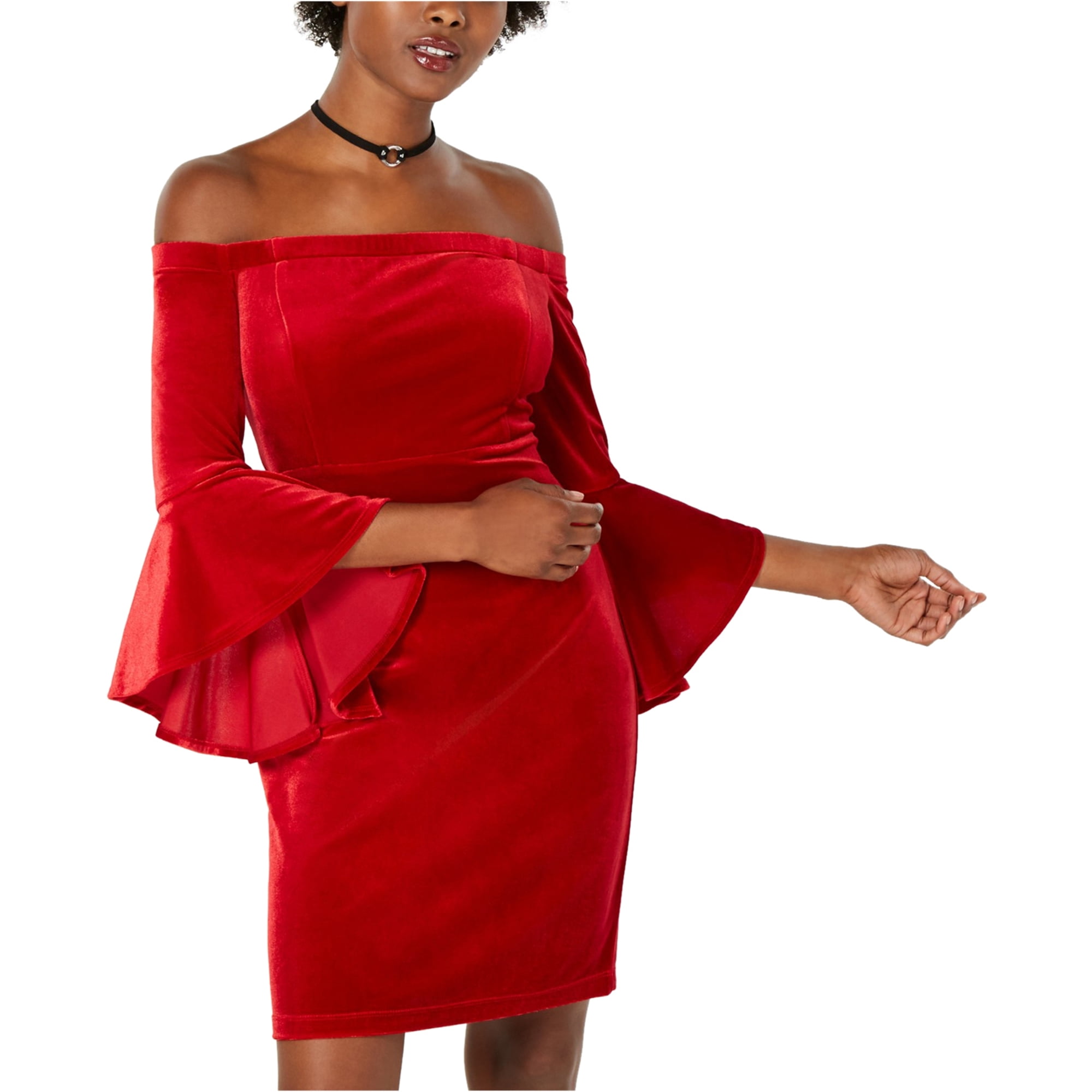 red velvet off the shoulder dress