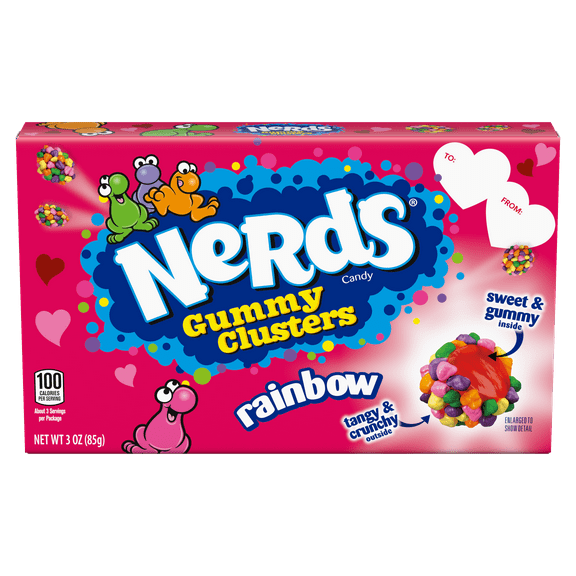 NERDS Valentine Gummy Clusters Theater Box, Candy, Rainbow, Crunchy and Gummy, 3 oz