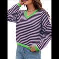 thumbnail image 1 of Suéter de Rayas de Larga para Mujer, Cuello en V, Bloque de Color, Punto Suave, Jersey de Moda Azul y Rosa L, 1 of 8