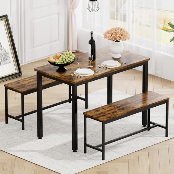 3 Piece Dining Table Set with for 4, Wood Small Kitchen Table with 2 Benches, Industrial Breakfast Nook Dinette Sets for Apartment Small Space Bar Restaurant, Rustic Brown