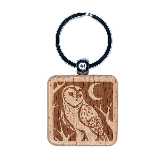 Barn Owl Standing in the Night Square Keychain Charm Tag - Engraved Wood