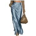 thumbnail image 2 of IUYRTFE Women's Satin Maxi Skirt Solid Color High Waist Ruched Side Slit Casual Flowy Long Skirt, 2 of 5