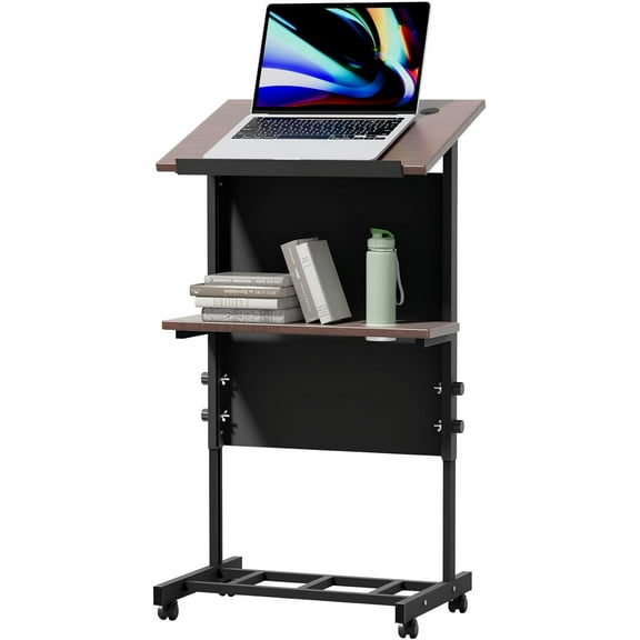 Portable Podium with 7 Adjustable Heights,Podium Stand with Shelf and Cup Holder,Lectern for Seminars,Schools and Conferences (Black)