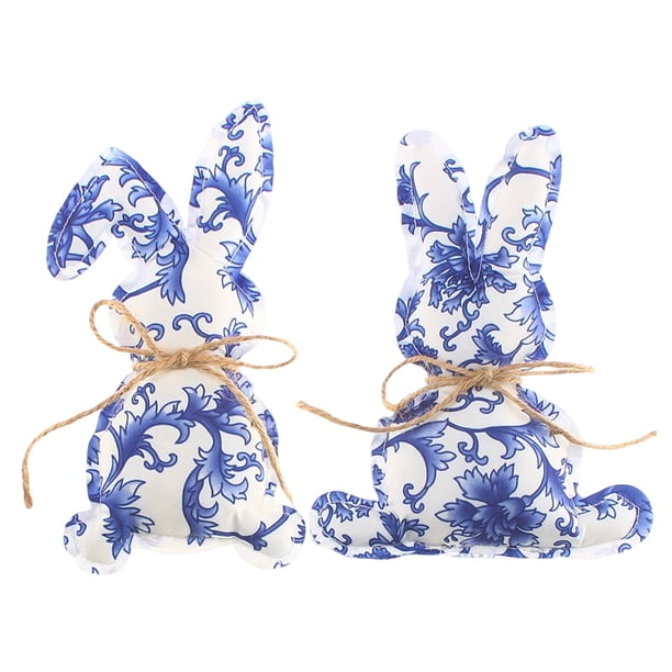 Decoraciones de Fiesta Azules Y Blancos Serie de Porcelana Azul Y Blanco Conejos de Tela Ornamentos Conejos de Pascua Suministros de Diseño de Fiesta de Vacaciones Decoraciones de Pascua para el Hogar
