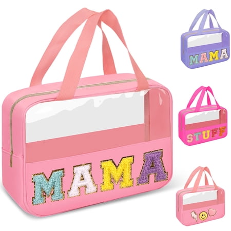 Chenille Letter Clear Makeup Bags,Preppy Patch with Zipper and Handle,Waterproof PVC & Nylon Portable Glitter Large Cosmetic Travel Toiletry Storage Bag for Women Girls(Mama-Pink)