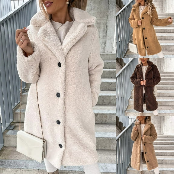 Fleece Jacket for Women with Hooded Plus Size Windproof Solid Color Warm Coat Women's Casual Loose Winter Wool Long Sleeve Velvet Mid-Length Coat Outerwear Khaki 5XL